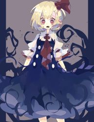 Rule 34 | 1girl, black dress, blonde hair, commentary request, darkness, dress, drooling, feet out of frame, grey background, hair bobbles, hair ornament, hair ribbon, highres, looking at viewer, mouth drool, nikorashi-ka, open mouth, red eyes, red neckwear, red ribbon, ribbon, rumia, sharp teeth, shirt, short hair, short sleeves, solo, teeth, text in eyes, touhou, umbrakinesis, white shirt