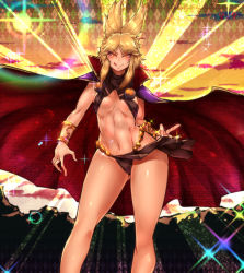 Rule 34 | 1girl, abs, adapted costume, blonde hair, bracelet, breasts, cape, cars (jojo) (cosplay), come hither, cosplay, criss-cross halter, glowing, glowing eyes, halterneck, halterneck, jewelry, jojo no kimyou na bouken, kars (jojo), licking lips, loincloth, loincloth lift, looking at viewer, medium breasts, navel, parody, pelvic curtain, pointy hair, revealing clothes, sekiyu (spartan), slingshot swimsuit, smile, solo, swimsuit, tongue, tongue out, touhou, toyosatomimi no miko, yellow eyes
