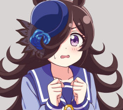 Rule 34 | 1girl, animal ears, bad id, bad pixiv id, blue flower, blue hat, blue rose, blush, brown hair, clenched hands, collarbone, commentary, flower, grey background, hair flower, hair ornament, hair over one eye, hands up, hat, hat flower, highres, horse ears, long hair, long sleeves, looking at viewer, open mouth, purple eyes, purple sailor collar, purple shirt, rice shower (umamusume), rose, sailor collar, school uniform, serafuku, shirt, simple background, solo, sweatdrop, tilted headwear, tracen school uniform, umamusume, upper body, very long hair, wavy mouth, zeta (24904340)
