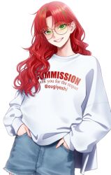 Rule 34 | 1girl, chimachi, commission, denim, denim skirt, english text, glasses, green eyes, green hair, hair behind ear, hands in pockets, leaning to the side, long hair, long sleeves, multicolored hair, original, parted bangs, parted lips, red hair, round eyewear, simple background, skeb commission, skirt, sleeves past wrists, smile, solo, standing, streaked hair, sweater, twitter username, white background, white sweater