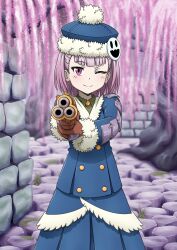 Rule 34 | 1girl, blue coat, cherry blossoms, coat, cosplay, day, delta r9, dress, etrian odyssey, fate/grand order, fate (series), fur-trimmed coat, fur trim, green shirt, gun, gunner (sekaiju), hat, helena blavatsky (fate), holding, holding gun, holding weapon, long sleeves, looking at viewer, one eye closed, pointing, pointing at viewer, purple eyes, purple hair, shirt, short hair, skirt, smile, solo, weapon, wink