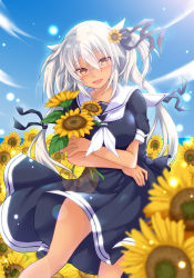 Rule 34 | 1girl, blurry, blurry foreground, breasts, brown eyes, commentary request, dark-skinned female, dark skin, dated, day, depth of field, dress, field, flower, flower field, glasses, hair between eyes, highres, holding, jewelry, kantai collection, large breasts, long hair, looking at viewer, mashiro yukiya, musashi (kancolle), musashi kai ni (kancolle), neckerchief, outdoors, ring, sailor collar, sailor collar lift, sailor dress, semi-rimless eyewear, short hair with long locks, short sleeves, signature, solo, sunflower, sunflower field, two side up, under-rim eyewear, very long hair, wedding band, white neckerchief, white sailor collar, yellow flower