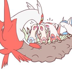Rule 34 | artist request, bad id, bad pixiv id, berry, bird, blue skin, chick, colored skin, creatures (company), feeding, game freak, gen 3 pokemon, in nest, latias, latios, legendary pokemon, md5 mismatch, mother and daughter, mother and son, nest, nintendo, no humans, open mouth, pokemon, pokemon (creature), red skin, wings, yellow eyes