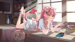Rule 34 | 1girl, animal ears, bare legs, barefoot, book, book stack, cake, cake slice, cat ears, cat girl, cat hair ornament, cat tail, character doll, day, food, fork, full body, game console, hair ornament, highres, hiiro (vtuber), indie virtual youtuber, indoors, long hair, looking at viewer, lying, nintendo switch, on stomach, orange eyes, pink hair, plant, playstation 5, shirt, short sleeves, sunlight, tail, towel, virtual youtuber, white shirt, window, z15781