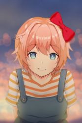 Rule 34 | 1girl, absurdres, arms behind back, bloom, blue eyes, blue overalls, blurry, blush, bokeh, bow, buttons, commentary, depth of field, doki doki literature club, grin, hair between eyes, hair bow, hair ornament, happy, highres, infinitysideddie, leaning forward, looking at viewer, outdoors, overalls, pink hair, red bow, sayori (doki doki literature club), shirt, short hair, smile, solo, striped clothes, striped shirt, t-shirt, upper body