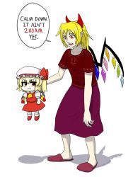 Rule 34 | 2girls, alternate costume, ascot, blonde hair, dated, dress, fang, flandre scarlet, hat, hat ribbon, mima-sama, mob cap, multiple girls, open mouth, pointy ears, ponytail, purple skirt, red eyes, red footwear, red ribbon, red skirt, red vest, ribbon, shirt, short hair, short sleeves, signature, skirt, slippers, smile, touhou, vest, wings, yamato damashi, yellow ascot