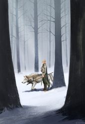 Rule 34 | 1boy, artist name, bald, bare tree, boots, cape, cheetahman (1ddghfr78cswc), dragon age, dragon age: inquisition, elf, forest, from side, highres, male focus, nature, outdoors, pants, pointy ears, polearm, shirt, snow, snowing, solas, solo, spear, tree, weapon, winter, wolf