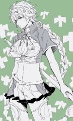 Rule 34 | 10s, 1girl, bad id, bad twitter id, braid, breasts, cleavage, cleavage cutout, clothing cutout, commentary request, female focus, jacket, kantai collection, large breasts, long hair, midriff, miniskirt, monochrome, nagomi (mokatitk), polearm, skirt, solo, unryuu (kancolle), very long hair, weapon
