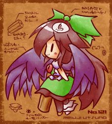 Rule 34 | 1girl, arm cannon, asymmetrical clothes, asymmetrical footwear, bad id, bad pixiv id, bow, brown hair, chibi, female focus, hair bow, long hair, mismatched footwear, profile, reiuji utsuho, smile, solo, tilde (ice cube), too literal, touhou, very long hair, weapon, wings