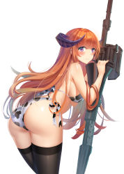 Rule 34 | 1girl, absurdres, animal print, arknights, ass, bagpipe (arknights), bare arms, bare shoulders, bikini, black thighhighs, blush, breasts, chinese commentary, commentary request, cow print, cowboy shot, from behind, hand up, highres, hong bai, horns, lance, large breasts, leaning forward, long hair, looking at viewer, looking back, orange hair, partial commentary, planted, polearm, purple eyes, side-tie bikini bottom, simple background, solo, standing, swimsuit, thighhighs, thighs, very long hair, weapon, white background, white bikini