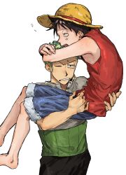 Rule 34 | 2boys, black eyes, black hair, carrying, carrying person, clinging, facial scar, green hair, hands on another&#039;s head, haramaki, hat, highres, male focus, monkey d. luffy, multiple boys, nsozp, one armed carry, one eye closed, one piece, roronoa zoro, scar, scar on cheek, scar on face, short hair, sideburns, simple background, straw hat, upper body, white background