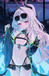 Rule 34 | 1girl, absurdres, aqua nails, bikini, black bikini, black horns, black jacket, blue archive, blush, breasts, closed mouth, cowboy shot, demon horns, eyewear on head, grey hair, halo, highres, hina (blue archive), horns, jacket, kabedoru, long hair, long sleeves, looking at viewer, multiple horns, nail polish, night, open clothes, open jacket, pool, purple eyes, small breasts, solo, sunglasses, swimsuit, w, water