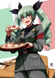 Rule 34 | 1girl, anchovy (girls und panzer), anzio military uniform, artist logo, artist name, belt, black belt, black necktie, black ribbon, black shirt, boots, carro veloce cv-33, commentary, cowboy shot, dress shirt, drill hair, flag background, food, gabuillust, girls und panzer, green hair, grey jacket, grey pants, hair ribbon, highres, holding, holding food, italian flag, jacket, knee boots, long hair, long sleeves, looking at viewer, military uniform, military vehicle, motor vehicle, necktie, notice lines, open mouth, pants, pizza, pizza slice, red eyes, ribbon, sam browne belt, shirt, smile, solo, standing, tank, twin drills, twintails, uniform, wing collar
