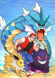 Rule 34 | 1boy, abs, absurdres, backwards hat, bara, baseball cap, black shirt, blue sky, bulge, closed mouth, commentary, commission, cosplay, creatures (company), day, denim, electricity, english commentary, facial hair, fangs, floating, full body, game freak, gen 1 pokemon, gengar, giant, grin, gyarados, hat, highres, holding, holding poke ball, jacket, jeans, jolteon, male focus, muscular, muscular male, navel, nintendo, original, pants, pectorals, peterhl, poke ball, poke ball (basic), pokemon, pokemon rgby, red (pokemon), red (pokemon) (cosplay), red headwear, red jacket, running, shirt, shoes, short hair, sideburns, sky, smile, sneakers, stubble, teeth, thighs