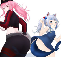 Rule 34 | 2girls, abs, absurdres, afterimage, animal ears, ass, ass shake, bare shoulders, blue eyes, blue hair, blush, breasts, cat ears, dress, embarrassed, fins, fish tail, from behind, gawr gura, gawr gura (casual), hat, highres, hololive, hololive english, large breasts, long hair, looking at viewer, looking back, mee don, mori calliope, mori calliope (streetwear), multicolored hair, multiple girls, no panties, pants, pink hair, ponytail, red eyes, shark tail, sharp teeth, shiny skin, short dress, sideboob, smile, tail, teeth, two-tone hair, upskirt, virtual youtuber, white hair