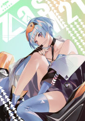Rule 34 | 1girl, ahoge, asymmetrical legwear, black footwear, black gloves, black thighhighs, blue gloves, blue hair, blue thighhighs, boots, character name, choker, covered mouth, earrings, elbow gloves, eyewear on head, finger to mouth, fingerless gloves, girls&#039; frontline, gloves, goggles, goggles on head, hand on own knee, head tilt, highres, jewelry, jiji (pixiv10646874), knee up, looking at viewer, motor vehicle, motorcycle, multicolored nails, nail polish, necktie, off shoulder, orange eyes, orange goggles, scenery, short hair, single thighhigh, sitting on motorcycle, skindentation, solo, thighhighs, thighs, uneven legwear, zas m21 (girls&#039; frontline)