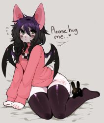 Rule 34 | 1girl, absurdres, animal ears, bat ears, bat girl, bat wings, black hair, black thighhighs, braid, cosplay, crying, crying with eyes open, english text, fredek666, furry, furry female, green eyes, highres, long sleeves, looking at viewer, madotsuki, madotsuki (cosplay), medium hair, red sweater, self-harm scar, solo, speech bubble, sweater, tears, thighhighs, twin braids, wings, yume nikki