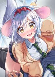 Rule 34 | 1boy, 1girl, absurdres, animal ears, blush, breasts, chinchilla ears, chinchilla tail, collared shirt, girl on top, hairband, hanasaki mahiru, highres, indoors, large breasts, lips, long sleeves, looking at viewer, miniskirt, necktie, open mouth, original, pleated skirt, red hairband, school uniform, shirt, silver hair, skirt, sleeves past fingers, sleeves past wrists, solo focus, sweater, thighhighs, uniform, white shirt, yellow eyes, yellow sweater