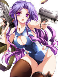 Rule 34 | 1girl, blush, bullet, casual one-piece swimsuit, earrings, gun, highres, jewelry, long hair, monety, necklace, one-piece swimsuit, original, purple eyes, purple hair, solo, swimsuit, thighhighs, weapon
