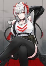 Rule 34 | 1girl, absurdres, ahoge, alternate breast size, alternate costume, antennae, arknights, arm up, black choker, black jacket, black shorts, black thighhighs, breasts, choker, cleavage, crossed legs, demon horns, feet out of frame, grey background, grey hair, hair between eyes, hair bun, highres, horns, jacket, kanta (kanta 077), large breasts, open clothes, open jacket, parted lips, red eyes, shorts, sidelocks, single hair bun, sitting, solo, tank top, thighhighs, unfinished, w (arknights), white tank top