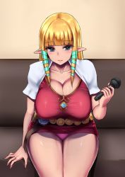 Rule 34 | 1girl, belt, blonde hair, blunt bangs, breasts, cleavage, collarbone, couch, dress, fingernails, grey eyes, hair ribbon, hime cut, holding, holding microphone, huge breasts, ishimiso (ishimura), light smile, long hair, looking at viewer, microphone, nintendo, no legwear, on couch, panties, pantyshot, pink panties, pointy ears, princess zelda, red dress, ribbon, short dress, sidelocks, sitting, solo, taut clothes, taut dress, the legend of zelda, the legend of zelda: skyward sword, thighs, tress ribbon, underwear