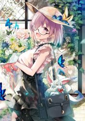 Rule 34 | 3girls, :d, alternate costume, animal, bag, black-framed eyewear, black skirt, blouse, blue flower, blush, bouquet, breasts, brick wall, brown headwear, bug, butterfly, casual, commentary, creature, day, english commentary, fate/grand order, fate (series), flower, fou (fate), fujimaru ritsuka (female), fujimaru ritsuka (male), glasses, hair over one eye, hat, high-waist skirt, highres, hirai yuzuki, holding, holding bouquet, insect, large breasts, leonardo da vinci (fate), looking at viewer, looking to the side, mash kyrielight, multiple girls, open mouth, outdoors, pink flower, pink rose, pink shirt, purple eyes, purple hair, revision, rose, semi-rimless eyewear, shirt, short hair, short sleeves, shoulder bag, skirt, smile, sun hat, under-rim eyewear, walking, white flower, window, yellow flower