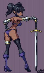 Rule 34 | 1girl, ass, bikini, black hair, black thighhighs, blunt bangs, boots, dark skin, from behind, gauntlets, hand on own hip, high heel boots, high heels, holding, holding sword, holding weapon, looking back, lowres, mabius, original, pixel art, pointy ears, purple bikini, purple footwear, simple background, solo, swimsuit, sword, thighhighs, twintails, weapon