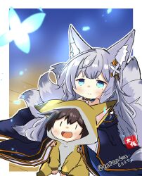 Rule 34 | 2girls, :d, alternate costume, animal costume, animal ears, aqua eyes, azur lane, black hair, blurry, bug, butterfly, commentary request, crossover, depth of field, fox costume, fox ears, fox girl, fox tail, from above, grey hair, hair between eyes, hair ornament, insect, japanese clothes, kaga (kancolle), kantai collection, kitsune, kyuubi, long hair, long sleeves, looking at viewer, looking up, multiple girls, multiple tails, open mouth, shinano (azur lane), sidelocks, signature, simple background, sitting, sitting on person, smile, tail, taisa (kari), twitter username, wide sleeves, wooden floor