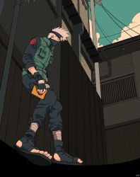 Rule 34 | 1boy, book, fingerless gloves, flak jacket, forehead protector, from side, gloves, hatake kakashi, highres, holding, holding book, jacket, male focus, mask, mouth mask, naruto (series), ninja mask, outdoors, sandals, sleeves rolled up, solo, ufkqz, white hair