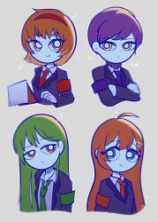 Rule 34 | ahoge, armband, blue eyes, brown armband, brown eyes, brown hair, closed mouth, collared shirt, color8838, green armband, green hair, green necktie, hair ornament, hairband, hairclip, highres, hod (project moon), lobotomy corporation, long hair, looking at viewer, malkuth (project moon), necktie, netzach (project moon), project moon, purple necktie, red armband, red hairband, red necktie, shirt, simple background, smile, very long hair, white background, white shirt, yesod (project moon)