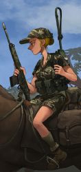 Rule 34 | 1girl, absurdres, assault rifle, belt, blonde hair, blue sky, boots, brown footwear, camouflage, camouflage headwear, camouflage jacket, camouflage shorts, combat boots, commentary, commentary request, day, english commentary, field cap, freckles, green hat, green jacket, green shorts, green socks, gun, hair bun, hat, highres, holding, holding gun, holding weapon, horse, horseback riding, jacket, korean commentary, looking to the side, military, military hat, military uniform, mixed-language commentary, on animal, original, outdoors, pouch, riding, rifle, rifleman1130, short hair, short sleeves, shorts, single hair bun, sitting, sky, socks, solo, uniform, utility belt, war, weapon, weapon on back, weapon request