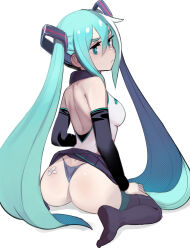 Rule 34 | 1girl, absurdres, aqua eyes, aqua hair, ass, back, backless outfit, bandaid, bandaid on ass, bare back, bare shoulders, black skirt, black sleeves, breasts, closed mouth, detached sleeves, hair between eyes, hair ornament, hatsune miku, highres, long hair, looking at viewer, looking back, medium breasts, over-kneehighs, pleated skirt, sho-n-d, simple background, sitting, skirt, socks, solo, thighhighs, thong, twintails, very long hair, vocaloid, wariza, white background