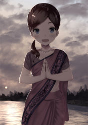 Rule 34 | 1girl, backlighting, female focus, highres, jewelry, looking at viewer, mudra, necklace, open mouth, original, outdoors, own hands together, ponytail, solo, tsukimizu (ordeal)
