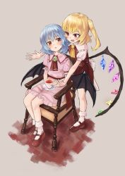 Rule 34 | 2girls, ascot, back bow, bat wings, black wings, blonde hair, blue hair, blush, bow, brooch, collared shirt, crystal, cup, fang, flandre scarlet, frilled shirt collar, frilled skirt, frills, full body, green brooch, grey background, holding, holding saucer, jewelry, large bow, looking at another, maachi (fsam4547), mary janes, medium hair, multicolored wings, multiple girls, no headwear, on chair, one side up, open mouth, pink shirt, pink skirt, puffy short sleeves, puffy sleeves, red ascot, red footwear, red skirt, red vest, remilia scarlet, saucer, shirt, shoes, short sleeves, siblings, simple background, sisters, sitting, skirt, socks, teacup, teeth, touhou, vest, white bow, white shirt, white socks, wings, wooden chair, yellow ascot