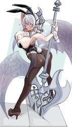 Rule 34 | 1girl, absurdres, alternate costume, animal ears, arms up, ass, breasts, cleavage, demon horns, demon wings, detached collar, fake animal ears, full body, grey eyes, heart, high heels, highres, holding, holding polearm, holding weapon, horns, huge breasts, ku-ba, large breasts, leotard, lovely labrynth of the silver castle, low wings, pantyhose, pointy ears, polearm, rabbit ears, rabbit tail, short hair, sideboob, solo, tail, weapon, white hair, wings, wrist cuffs, yu-gi-oh!