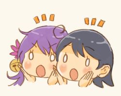 Rule 34 | 2girls, ahoge, akebono (kancolle), bell, black hair, blank eyes, blush stickers, chibi, commentary request, flower, hair bell, hair flower, hair ornament, hands on own cheeks, hands on own face, head only, highres, kantai collection, multiple girls, open mouth, purple hair, saiguchi otoufu, surprised, ushio (kancolle)
