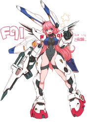 Rule 34 | 1girl, absurdres, breasts, clenched hand, covered navel, dated, f91 gundam, gun, gundam, gundam f91, highres, holding, holding gun, holding weapon, large breasts, leotard, long hair, mecha musume, michi kuso, open mouth, personification, pink hair, skin tight, smile, solo, standing, star (symbol), very long hair, weapon, white background, wide hips