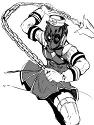 Rule 34 | 1boy, armband, bow, bowtie, chain, commentary request, cosplay, cowboy shot, crossdressing, deadpool, deadpool (series), dress, gloves, gold ship (umamusume), gold ship (umamusume) (cosplay), greyscale, headgear, holding, holding chain, kamen no hito, looking at viewer, marvel, mask, monochrome, pillbox hat, sketch, sleeveless, sleeveless dress, solo, thigh strap, trait connection, umamusume, uneven eyes