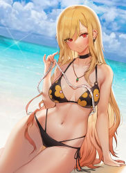 Rule 34 | 1girl, absurdres, beach, bikini, black bikini, black choker, blonde hair, blue sky, breasts, choker, closed mouth, cloud, collarbone, commentary request, day, ear piercing, earrings, floral print, gg amang, highres, holding, jewelry, kitagawa marin, light smile, long hair, looking at viewer, medium breasts, navel, necklace, ocean, outdoors, piercing, print bikini, red eyes, sitting, sky, smile, solo, sono bisque doll wa koi wo suru, swimsuit, tape measure, thighs