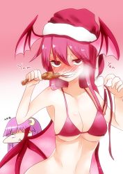 2girls bat_wings blush bottomless bra breasts chibi crescent crescent_hair_ornament eating food hair_ornament hat head_wings highres koakuma large_breasts long_hair looking_at_viewer low_wings meat multiple_girls navel no_headwear patchouli_knowledge red_bra red_eyes red_hair santa_hat takorice touhou translation_request triangle_mouth underwear wings