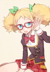 Rule 34 | 1girl, :d, adjusting eyewear, aikatsu!, aikatsu! (series), bare legs, between legs, black jacket, blue eyes, blush, bow, bowtie, buckle, glasses, green ribbon, hair ribbon, hand between legs, jacket, long hair, long sleeves, looking at viewer, open mouth, plaid, plaid skirt, pleated skirt, pocket, red-framed eyewear, red bow, red bowtie, red skirt, ribbon, saegusa kii, simple background, sitting, sketch, skirt, sleeve cuffs, smile, solo, soto, tareme, twintails, yellow background