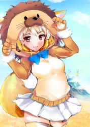 Rule 34 | 10s, 1girl, animal ears, animal hands, animal hood, blonde hair, blue bow, blue bowtie, blue sky, bow, bowtie, brown eyes, claw pose, cloud, commentary request, cowboy shot, day, extra ears, fennec (kemono friends), fox ears, fox tail, gloves, highres, hood, kemono friends, kemono friends pavilion, kinou no shika, lion hood, looking at viewer, mountain, outdoors, paw gloves, pleated skirt, skirt, sky, smile, solo, tail, thighhighs, white skirt