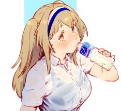Rule 34 | 1girl, anchor symbol, blue one-piece swimsuit, bottle, breasts, brown eyes, drinking, hairband, holding, holding bottle, i-26 (kancolle), kantai collection, large breasts, light brown hair, long hair, multicolored hairband, one-piece swimsuit, see-through, shirt, short sleeves, sidelocks, simple background, solo, sweat, swimsuit, swimsuit under clothes, two side up, upper body, uyama hajime, water, water bottle, white shirt