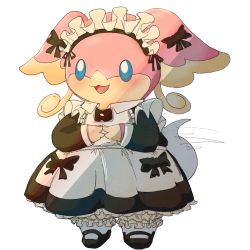 Rule 34 | 1girl, :3, absurdres, animal ears, apron, audino, black bow, black dress, blank eyes, bloomers, blue eyes, blush, body fur, bow, buttons, clothed pokemon, creatures (company), dress, ear bow, female focus, flat chest, frilled apron, frilled dress, frills, full body, furry, furry female, game freak, gen 5 pokemon, hands up, happy, highres, light blush, long sleeves, maid, maid apron, maid headdress, motion lines, nintendo, open mouth, own hands together, pink fur, pokemon, pokemon (creature), red leopard, simple background, smile, socks, solo, standing, tail, tail wagging, two-tone fur, underwear, white apron, white background, white bloomers, white socks, yellow fur
