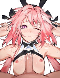 Rule 34 | 2boys, androgynous, armpits, arms up, astolfo (fate), astolfo (saber) (fate), bare shoulders, black ribbon, blush, bow, bowtie, boy on top, breasts, cum, cum on body, cum on upper body, facial, fate (series), hair ribbon, long hair, lying, multiple boys, naizuri, nipples, on back, paizuri, penis, pink eyes, pink hair, ribbon, roropull, sweat, tagme, through clothes, trap, yaoi