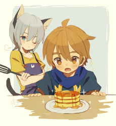 Rule 34 | 2boys, animal ears, apron, bad id, bad pixiv id, blue eyes, blush, brown eyes, brown hair, butter, cat boy, cat ears, cat tail, food, forked eyebrows, great kichi, ledo vassar, male focus, multiple boys, open mouth, pancake, pop-up story, selim spark, silver hair, sparkle, spatula, pancake stack, syrup, tail