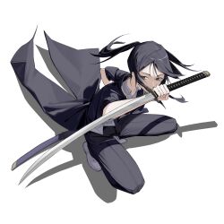 Rule 34 | 1boy, absurdres, black coat, black eyes, black hair, black pants, coat, collared shirt, commentary, fighting stance, forehead, formal, from above, full body, highres, holding, holding sword, holding weapon, k-project, katana, looking up, male focus, pants, parted bangs, ponytail, reverse grip, shadow, shirt, simple background, solo, squatting, suit, sword, tailcoat, weapon, white background, white footwear, white shirt, yanjie, yatogami kurou