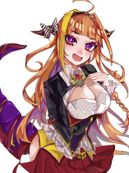 Rule 34 | 1girl, absurdres, ahoge, arm behind back, black bow, black hairband, black jacket, blonde hair, blouse, blunt bangs, blush, bow, bowtie, braid, breasts, bright pupils, brooch, chain, chain necklace, cleavage, cleavage cutout, clothing cutout, collared shirt, diagonal-striped bow, dragon girl, dragon horns, dragon tail, dragon wings, fangs, hair ornament, hairband, hand on own chest, highres, hip vent, hololive, horn bow, horn ornament, horns, jacket, jewelry, kiryu coco, kiryu coco (1st costume), large breasts, long hair, looking at viewer, mamiya miya, miniskirt, multicolored bow, multicolored eyes, multicolored hair, necklace, open mouth, orange hair, pleated skirt, pointy ears, purple eyes, red eyes, red skirt, scales, shirt, side-tie skirt, side braid, simple background, single braid, skirt, smile, solo, streaked hair, striped, tail, tongue, upper body, virtual youtuber, white bow, white shirt, wings