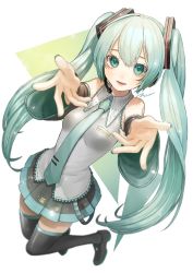Rule 34 | 1girl, aqua eyes, aqua hair, aqua nails, aqua necktie, bare shoulders, black skirt, black sleeves, black thighhighs, blurry, commentary, depth of field, detached sleeves, floating, foreshortening, full body, grey shirt, hair ornament, hatsune miku, headphones, headset, highres, legs up, lips, long hair, looking at viewer, miniskirt, nail polish, necktie, open mouth, outstretched arms, pleated skirt, reaching, reaching towards viewer, shirt, shoulder tattoo, signature, skirt, sleeveless, sleeveless shirt, smile, solo, sotohane haruko, tattoo, thighhighs, twintails, very long hair, vocaloid, white background, zettai ryouiki