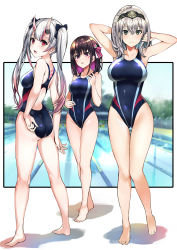 Rule 34 | 3girls, absurdres, adjusting clothes, adjusting swimsuit, arm behind head, armpits, ass, azki (hololive), back cutout, back tattoo, barefoot, black ribbon, blush, braid, breasts, brown hair, closed mouth, clothing cutout, colored inner hair, competition swimsuit, covered navel, day, facial mark, fang, french braid, green eyes, grey hair, hair between eyes, hair ribbon, highleg, highleg swimsuit, highres, hololive, kneepits, large breasts, long hair, looking at viewer, looking back, medium breasts, multicolored hair, multiple girls, nakiri ayame, one-piece swimsuit, open mouth, outdoors, pink hair, pool, pukara, purple eyes, red eyes, ribbon, shirogane noel, short hair, smile, standing, streaked hair, swimsuit, tattoo, tiara, virtual youtuber